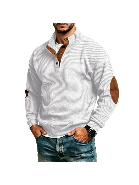 Men’s Solid Corduroy Henley Pullover Sweatshirt, Quarter Button Top with Elbow Patch Casual Long Sleeve Mens Tops White S