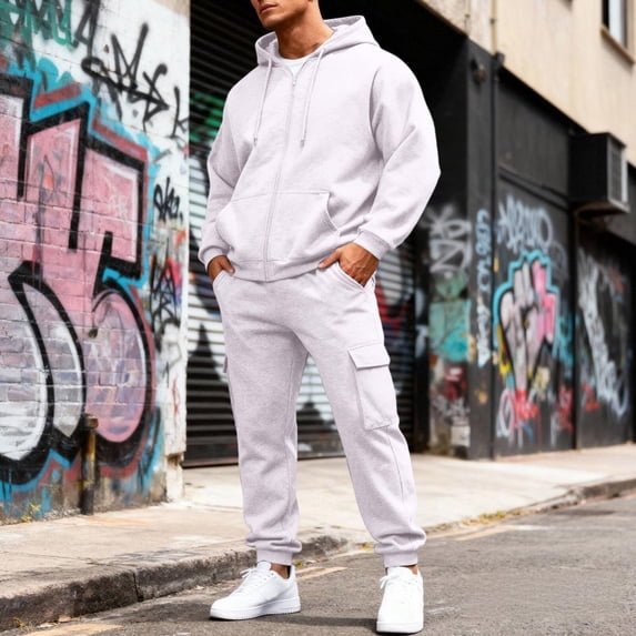 Vxararl Men's Tracksuit 2 Piece Hoodie and Sweatpants Full Zip Relaxed Fit Pullover Hoodies Jogging Running Pants Set Casual Winter Suit with Pockets White 3XL