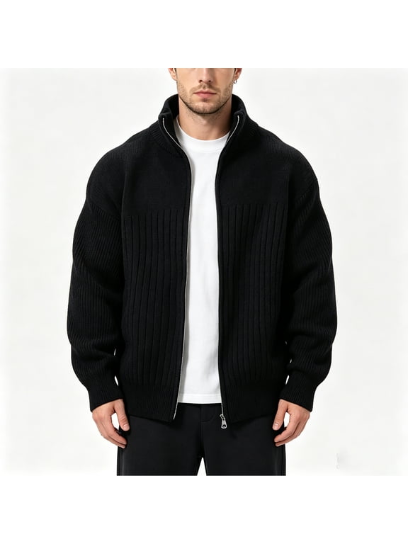 Mens Full Zip Cardigan Sweater Stand Collar Full Zip Suit for Business Casual Office Work Camp Classic Casual Long Sleeve Sweater Sweaters for Men Black L