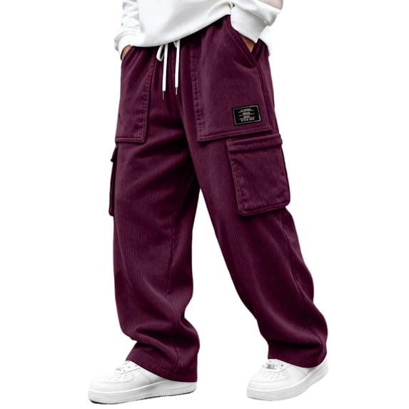 Vxararl Mens Loose Corduroy Cargo Pants, Wide Leg Street‑Style Trousers, Elastic Drawstring Waist Multi‑Pocket Fall Winter Daily Pants Wine XL