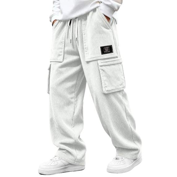 Vxararl Mens Streetwear Corduroy Cargo Pants, Wide Leg Loose Trousers, Elastic Drawstring Waist Multi‑Pocket Pants for Fall Winter Casual Looks White XL