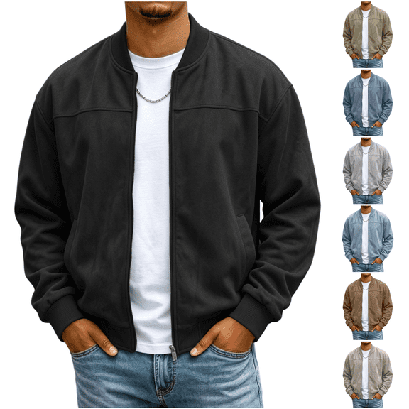 Vxararl Mens Suede Jacket Faux Leather Bomber Zip Up Jacket with Pocket Office, Travel, Business Casual Outfits Lightweight Long Sleeve Outerwear, Ribbed Stand Collar Varsity Jackets Black L