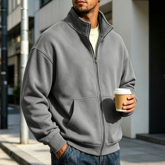 Vxararl Mens Zip Up Sweatshirt Lightweight Fleece Jacket Versatile - Business, Fall, Winter, Spring Jacket Lightweight Fleece Full Zip no Hood Athletic Jacket Fleece Jacket Men Light Gray XL