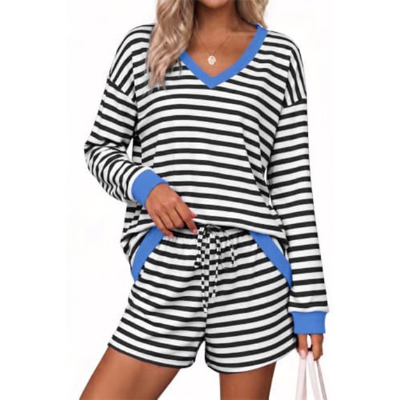 Vxararl Pajama Sets for Women 2 Piece V Neck Long Sleeve Casual Striped Matching Set 2026 Fashion Women Matching Outfit Loose Top Shorts Matching Sets Black L