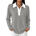 thumbnail image 1 of Vxararl Polo Shirts for Women Golf Trendy Waffle Top Long Sleeve Collared Work Golf Polo Shirt Business Casual, Loose Fit Tunic Tops Color Block Lightweight Waffle Knit Fabric Gray 2xL, 1 of 5