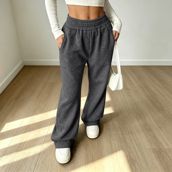 Vxararl Straight Leg Sweatpants for Women High Waisted Lightweight Pants Breathable Elastic Waist Pants with Pockets Lounge & Travel Outfits,fall Fashion Womens Sweatpants Dark Gray L