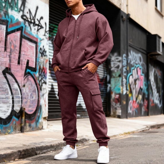 Vxararl Sweatsuits for Men 2 Piece Full Zip Casual Pullover Hoodies Joggers Running Pant Set Relaxed Fit Fall Winter Suit with Pockets Wine 3XL