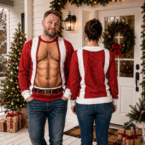 Vxararl Ugly Christmas Sweatshirts for Men 3d Santa Hairy Chest Sweatshirts Holiday, Winter, Family Festival Clothings Novelty Fake Hairy Chest Xmas Santa Sweatshirt Ugly Christmas Sweater