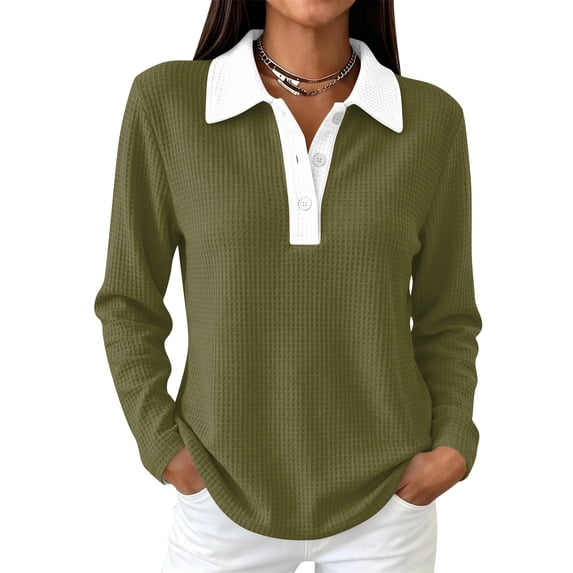 Vxararl Waffle Knit Polos Shirts for Women Color Block Lightweight Waffle Knit Fabric Business Casual, Loose Fit Tunic Tops Long Sleeve Tops Dressy Fitted Button Shirts Army Green 2xL