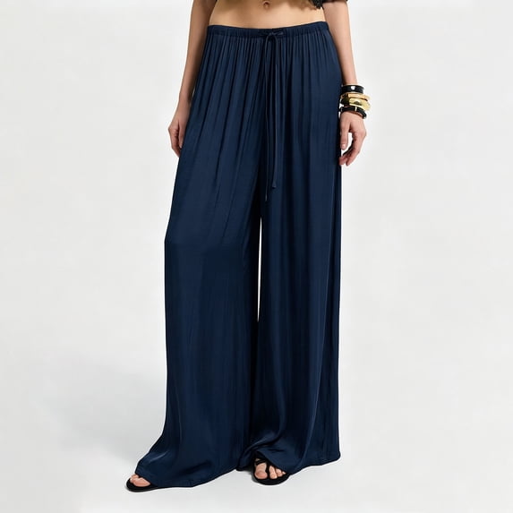 Vxararl Wide Leg Flowy Palazzo Pants for Women High Waisted Flowy Lounge Trousers with Drawstring Fashion Beach Travel Vacation Fall Clothes Palazzo Pants for Women Navy L