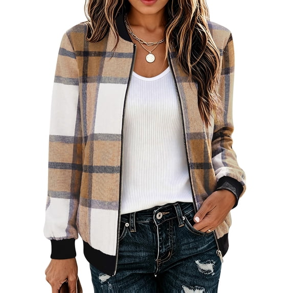 Vxararl Women Bomber Jacket Lightweight Plaid Flannel Zip‑Up Casual Long Sleeve Winter Outerwear Coat, Stand Collar Ribbed Cuffs Soft Flannel Casual Street Outer for Women Brown XL