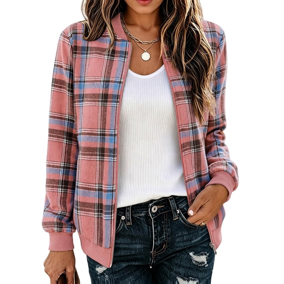 Vxararl Women Bomber Jacket Plaid Flannel Lightweight Zip‑Up Long Sleeve Casual Fall Winter Outerwear Coat, Soft Flannel Stand Collar Ribbed Details Street Casual Jacket Pink L