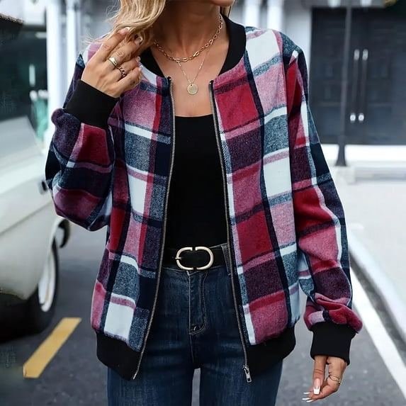 Vxararl Women Casual Fall Plaid Flannel Bomber Jacket Zip Up Lightweight Long Sleeve Stand Collar Outerwear with Side Pockets Daily Outfits Pink S