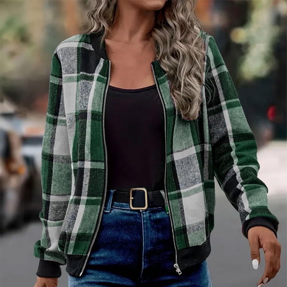 Vxararl Women Fall Plaid Flannel Bomber Zip Up Jacket Casual Lightweight Long Sleeve Stand Collar Outerwear with Side Pockets Street Clothes Green L
