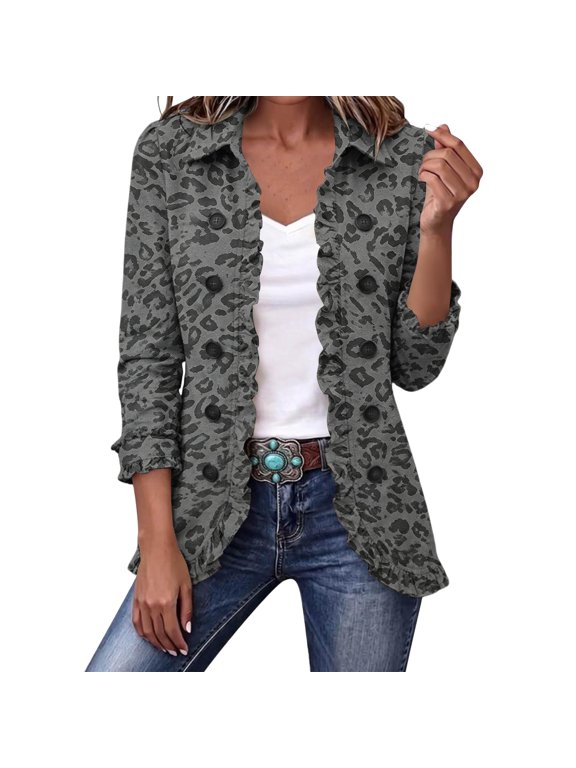 Women Leopard Jackets Ruffled Leopard Gradient Casual Jacket Stretch Button Down Jean Jacket Fall Coats, Western Outfit for Women Dark Gray L