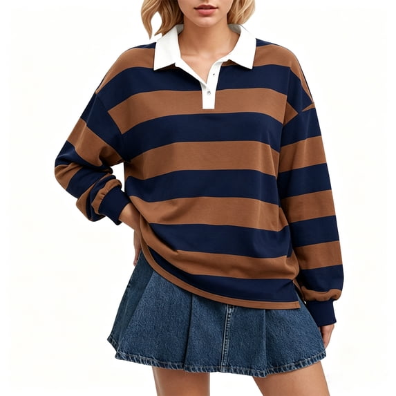 Vxararl Women Long Sleeve Striped Polo Shirt Color Block Lapel Collared Rugby Shirt Retro Long Sleeve Lapel V Neck Pullover Brown XL