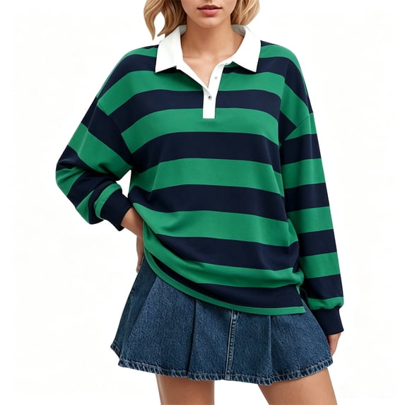 Vxararl Women Long Sleeve Striped Polo Shirt Long Sleeve Striped Shirt Oversized Long Sleeve Lapel V Neck Casual Loose Streetwear Rugby Sweatshirt Retro Green M