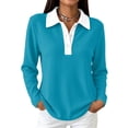 thumbnail image 1 of Vxararl Women's Golf Waffle Polos Shirts Color Block Lightweight Waffle Knit Fabric Long Sleeve Collared Work Golf Polo Shirt Business Casual, Loose Fit Tunic Tops Turquoise 3xL, 1 of 5