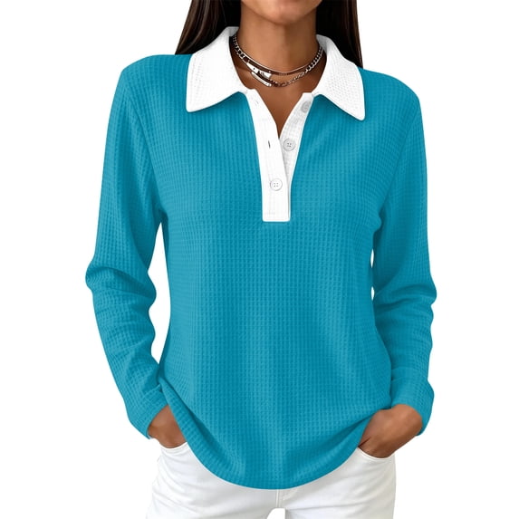 Vxararl Women's Golf Waffle Polos Shirts Color Block Lightweight Waffle Knit Fabric Long Sleeve Collared Work Golf Polo Shirt Business Casual, Loose Fit Tunic Tops Turquoise 3xL