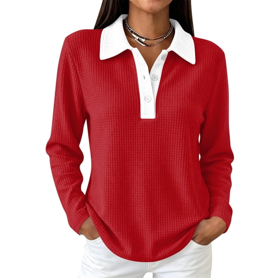 Vxararl Women's Golf Waffle Polos Shirts Long Sleeve Collared Work Golf Polo Shirt Color Block Lightweight Waffle Knit Fabric Fashion Fall Clothes Trendy 2026 Red L