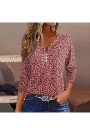 Womens 3/4 Sleeve V‑Neck Leopard Print Henley Shirt, Notch Button Casual Loose Fit Blouse Top, Leopard Print Tops for Commuting Street Daily Outfits Red 2xL