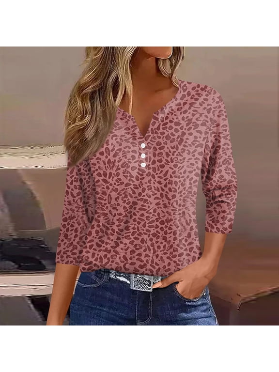 Womens 3/4 Sleeve V‑Neck Leopard Print Henley Shirt, Notch Button Casual Loose Fit Blouse Top, Leopard Print Tops for Commuting Street Daily Outfits Red 2xL