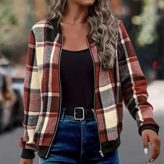 Vxararl Womens Cute Fall Plaid Flannel Bomber Jacket Zip‑Up Casual Lightweight Long Sleeve Stand Collar Outerwear Jackets with Side Pockets Red M