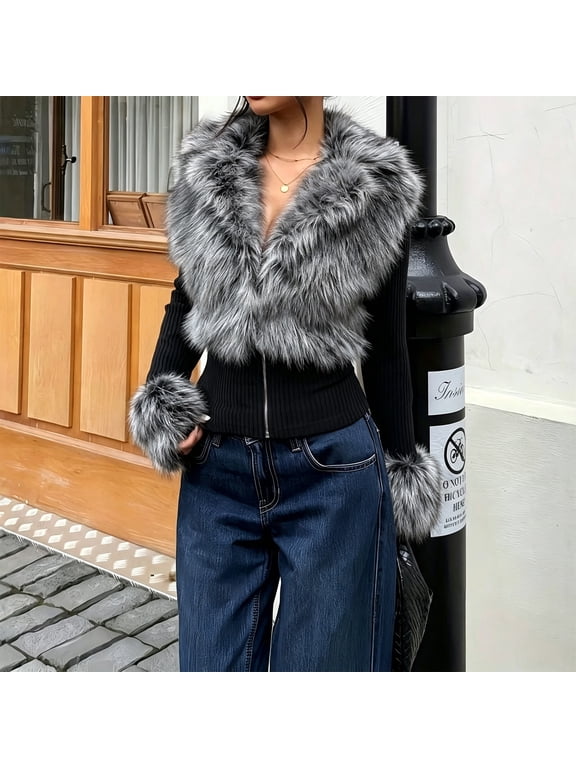 Womens Faux Fur Zip Up Jacket Casual Sexy Y2k Style Jackets Lapel Collar Long Sleeve Zip Up Fuzzy Outerwear Fur Coat Gray L