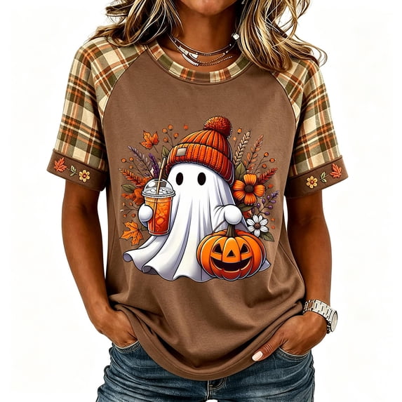 Vxararl Womens Halloween Shirt Fall Pumpkin Ghost Short Sleeve Graphic Tees Plus Size Ghost Graphic Cute Tees 2026 Fashion Halloween Loose-fit Tops Halloween Shirt Brown 2xL