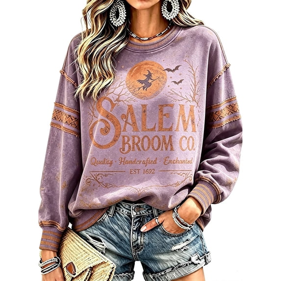 Vxararl Womens Halloween Sweatshirt Salem Broom Company Sweatshirt Casual Festival Graphic Tees Tops Long Sleeve Witch Tee Salem Massachusetts Sweatshirt Light Purple XL