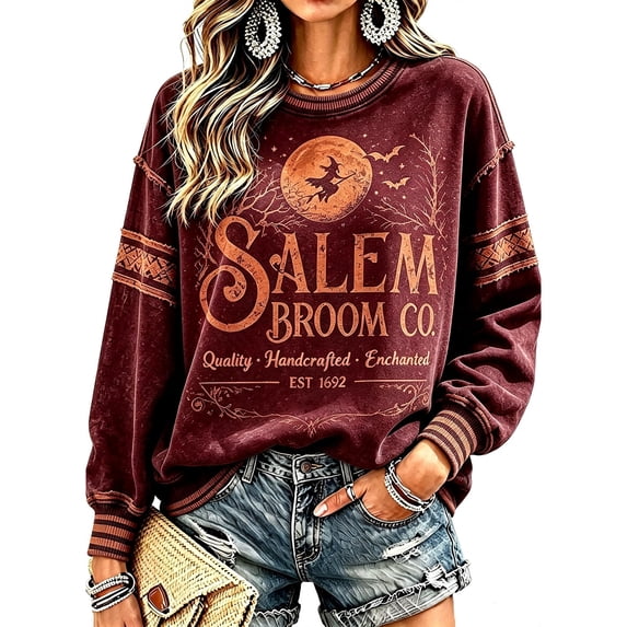 Vxararl Womens Halloween Sweatshirt Spooky Season Graphic Pullover Sweatshirt Long Sleeve Witch Tee Salem Broom Company Sweatshirt Halloween Witch Shirt Women Wine 2xL