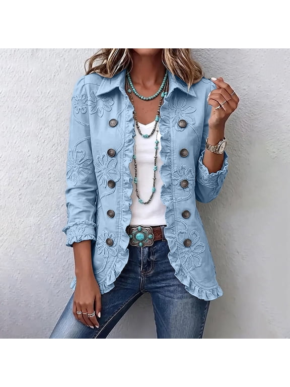 Womens Lightweight Jackets Long Sleeve Lapel Collared Double Breasted Vintage Print Tops Office and Travel Wear Jackets for Women Ruffle Trim Button Down Jacket Sky Blue 2xL