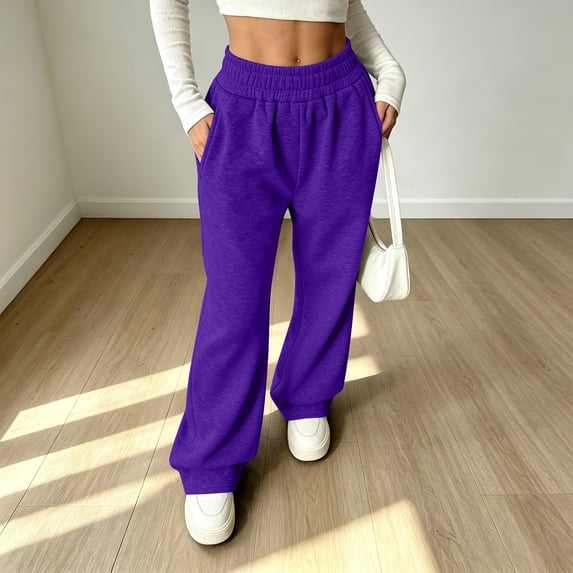 Vxararl Womens Straight Leg Pants Breathable Elastic Waist Pants with Pockets High Waisted Lightweight Pants Fall&winter Fashion 2026, Casual Workout Womens Sweatpants Purple L