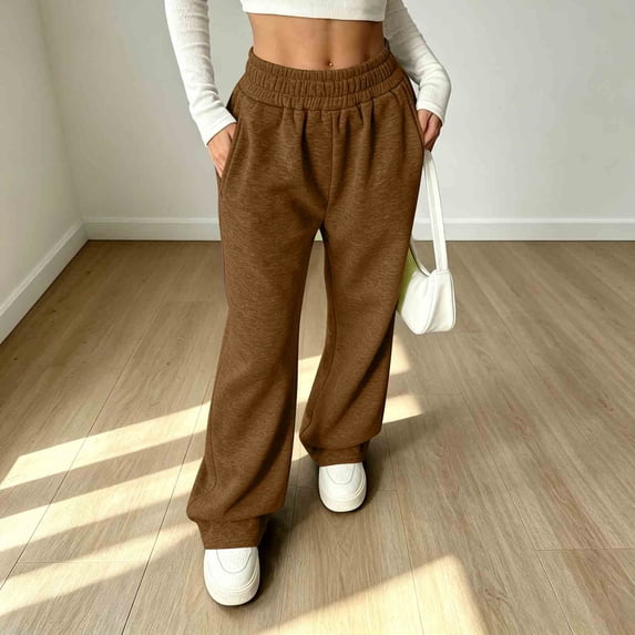 Vxararl Womens Straight Leg Pants High Waisted Lightweight Pants Breathable Elastic Waist Pants with Pockets Fall&winter Fashion 2026, Casual Workout Womens Sweatpants Coffee XL