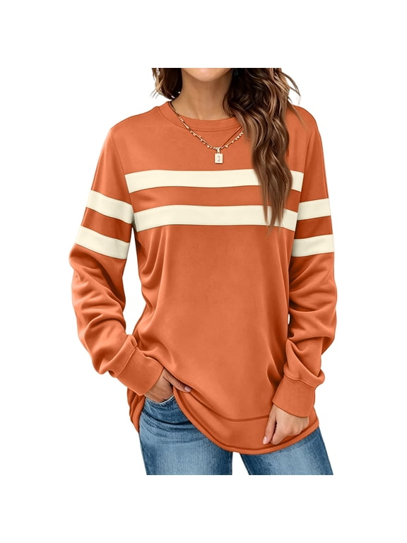 Womens Varsity Striped Oversized Sweatshirt Crewneck Color Block Sweatshirts for Rugby Baseball Tennis Lounge Fall Winter Knit Tunic Sweatshirt Orange 2xL
