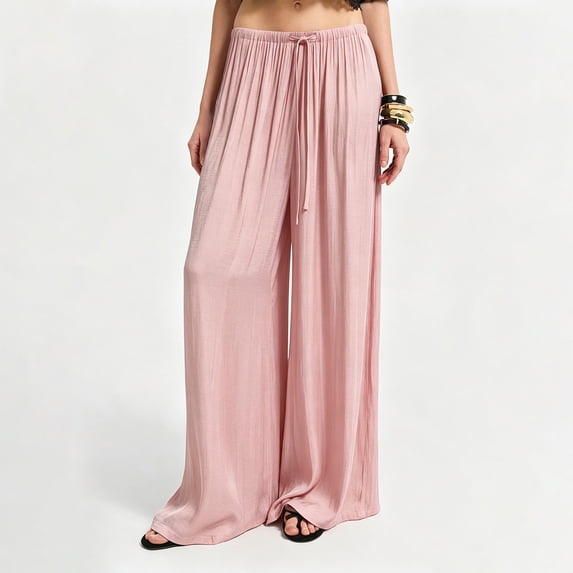 Vxararl Womens Wide Leg Flowy Palazzo Pants Casual Beach Vacation Clothes, Summer Fall 2026 High Waisted Flowy Lounge Trousers with Drawstring Flowy Pants for Women Pink XL