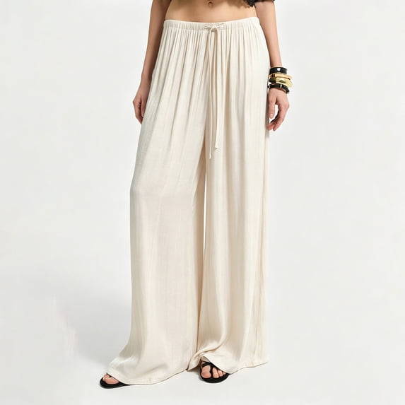 Vxararl Womens Wide Leg Flowy Palazzo Pants High Waist Flowy Fit with Drawstring Trousers Casual Beach Vacation Clothes, Summer Fall 2026 Palazzo Pants for Women Beige M