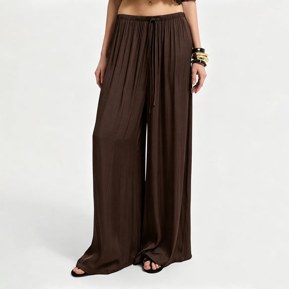Vxararl Womens Wide Leg Flowy Palazzo Pants High Waisted Flowy Lounge Trousers with Drawstring Fashion Beach Travel Vacation Fall Clothes Palazzo Pants for Women Brown S