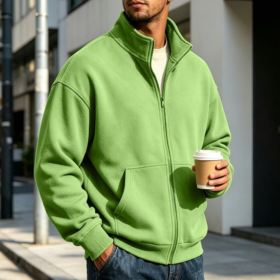 Vxararl Zip Up Jacket Long Sleeve Fleece Sweatshirt Men Fall/winter Casual Wear, Outdoor Office Business Lightweight Fleece Full Zip no Hood Athletic Jacket Fleece Jacket Men Green S