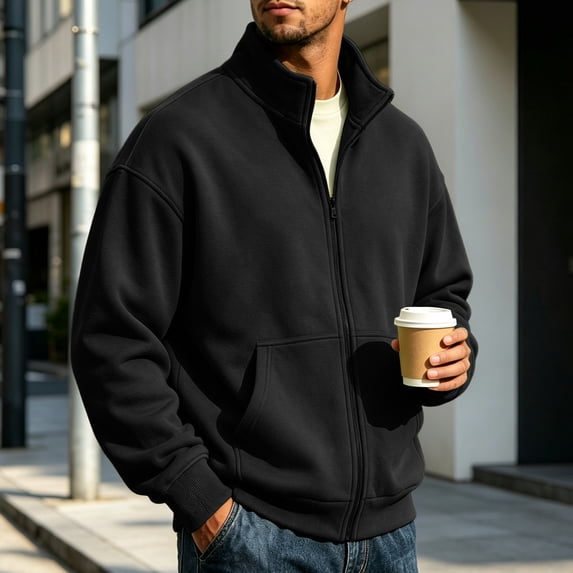 Vxararl Zip Up Jacket Long Sleeve Fleece Sweatshirt Men Versatile - Business, Fall, Winter, Spring Jacket Lightweight Soft Fleece Jacket, Mock Neck Sweatshirt Fleece Jacket Men Black XL