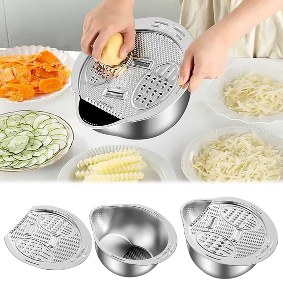 Vxdvou Multi-Function Stainless Steel Grater Set, 6-in-1 Food Slicing & Shredding Basin, Durable Kitchen Tools for Salad Making & Food Preparation, Easy to Clean & Store