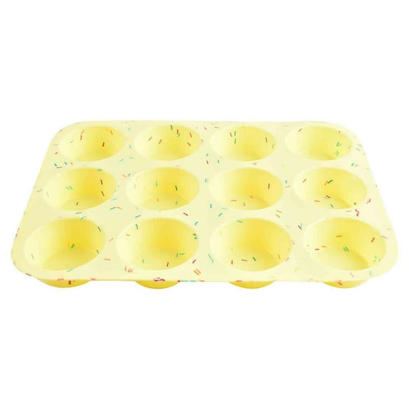 Vxdvou New Colorful Grain Muffin Pan, 12-Cup Non-Stick Baking Tray, Reusable Baking Tool for Cakes & Puddings, Oven Safe, Essential Kitchen Gadget, Flexible for Easy Demolding, Yellow