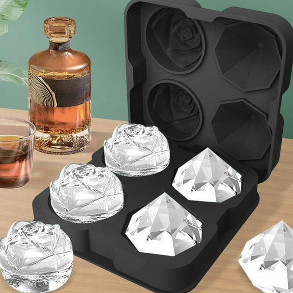 Vxdvou Rose Diamond Ice Tray, Silicone 4-Hole Ice Mold for Whiskey & Cocktail, Fun Rose Diamond Shape Ice Cubes, Novelty Kitchen Gadgets & Drink Chilling Accessories for Parties