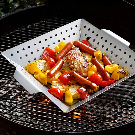 Vxdvou Stainless Steel Barbecue Pan, Large Vegetable Grill Basket for BBQ, Heavy Duty Grilling Accessory, Non-Stick Kitchen Gadgets for Perfect Cooking, Kitchen Essentials for Outdoor Grilling
