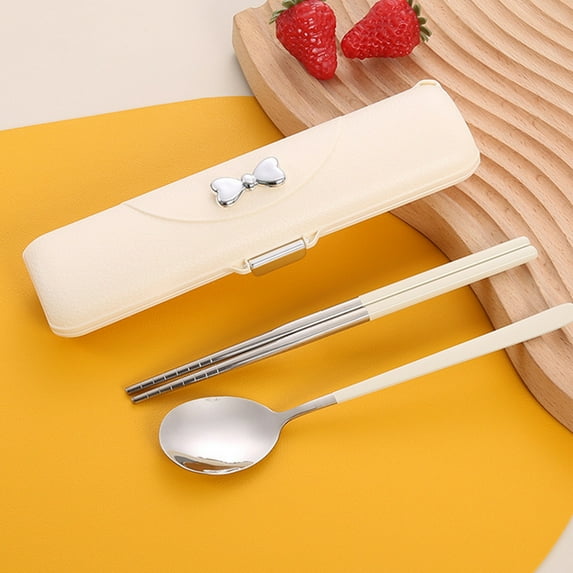 Vxdvou Stainless Steel Portable Cutlery Set, Camping Utensils with Storage Box, Spoon, Fork, Chopsticks for Office & School, Durable & Portable, Ideal for Travel, Pink/Beige/Green