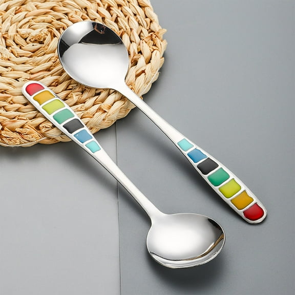 Vxdvou Stainless Steel Round Spoon Set, 2pcs Colorful Handle Soup Spoons for Kitchen, Durable & Easy-to-Clean Kitchen Utensils, Multi-Functional for Coffee, Dessert & Soups