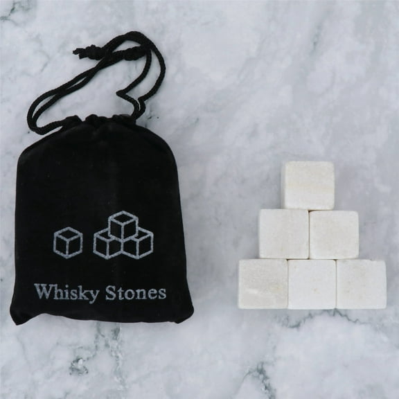 Vxdvou Whiskey Stones Gift Set of 6, Reusable Chilling Stones with Velvet Pouch, Natural Stone Drink Coolers for Whiskey, Kitchen Accessories, Wine and Liquor Bar Tools