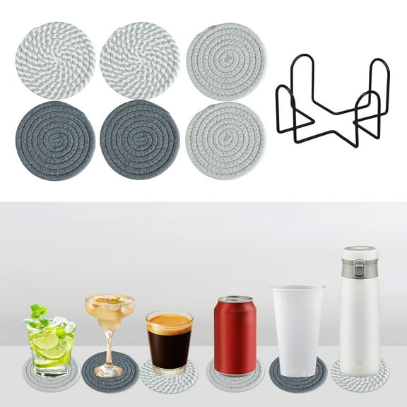 Vxdvou Woven Round Trivets for Kitchen, 6-Pack Non-Slip Heat Insulated Placemats, Hot Pads for Kitchen Counter & Dining Table, Cotton Yarn Storage Stand, Gray/Green/Pink/Blue/Mint Green