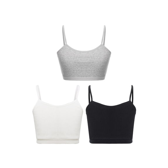 Vxuxlje 3Pcs Cropped Tank Tops for Girls Spaghetti Strap Crop Top Basic Sports Cami Solid Color Black&White&Grey L