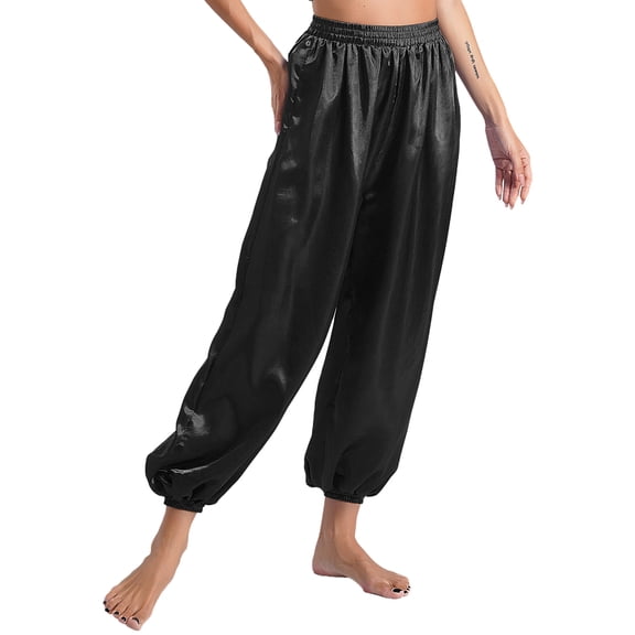 Vxuxlje Belly Dance Harem Pants Casual Loose Solid Satin Bloomers Halloween Indian/Arabic Costume Black M